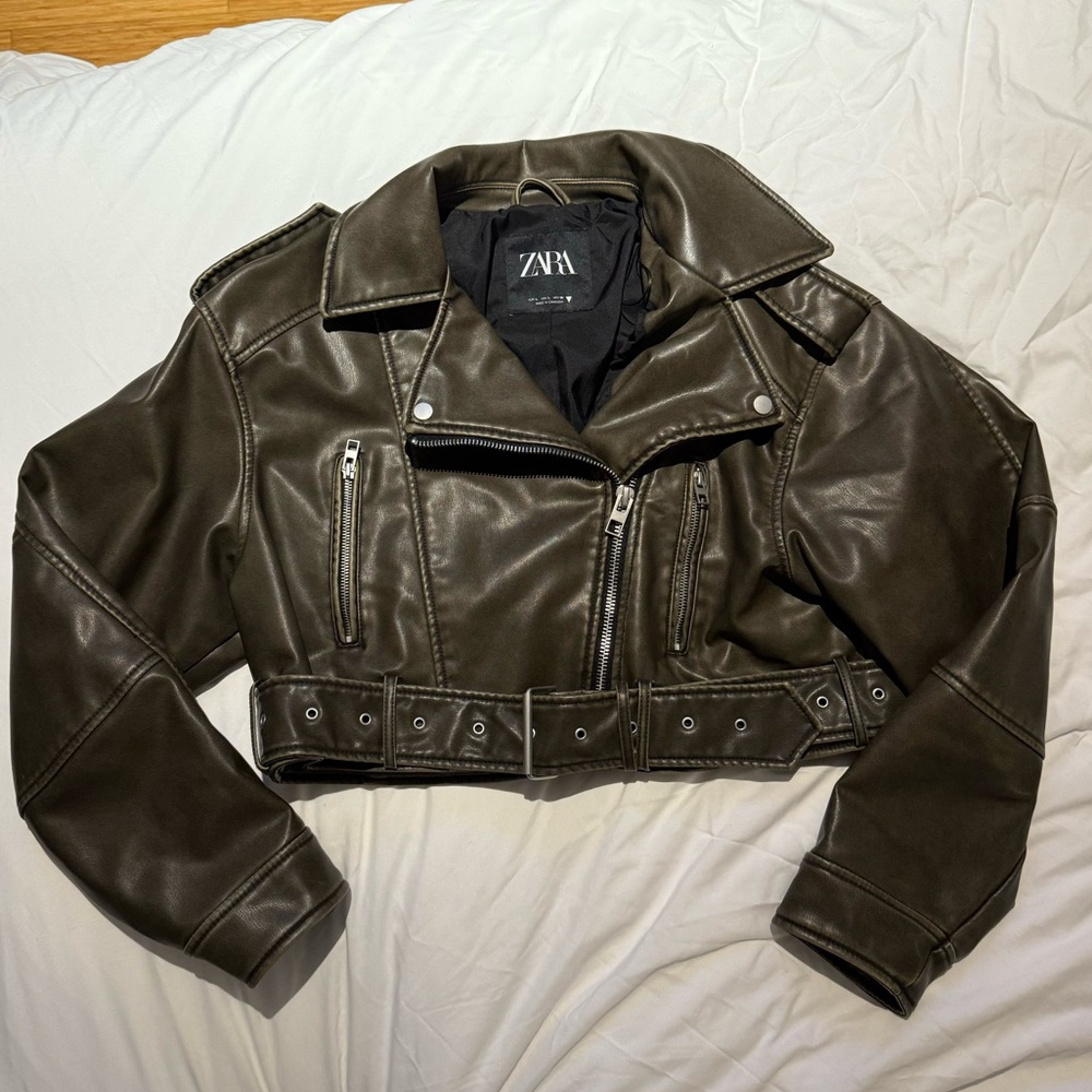 ZARA cropped leather jacket rusty brown khaki